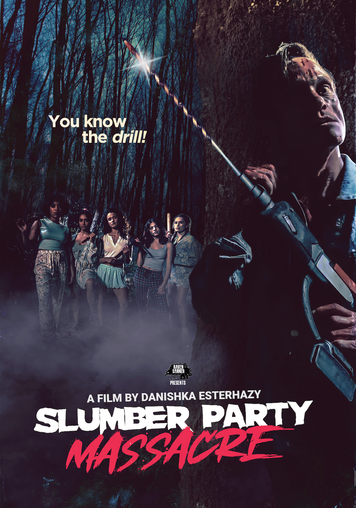 Маньяк с дрелью на постере фильма The Slumber Party Massacre.